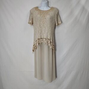 Vintage SL Fashions Dress Sz 12 Drop Waist Floral Lace Crochet Ivory And Ecru